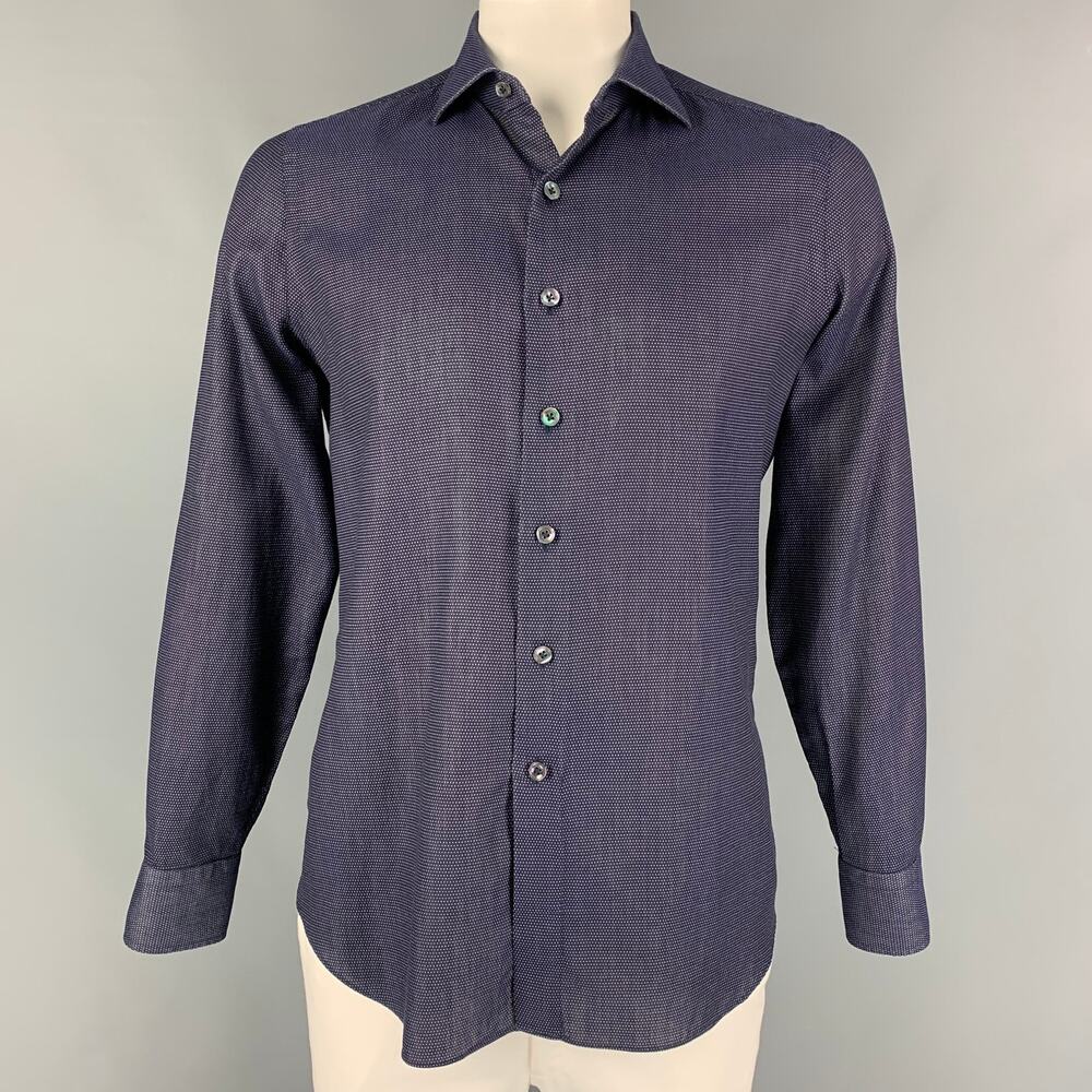 FINAMORE Size L Navy White Dots Cotton Button Up Long Sleeve Shirt